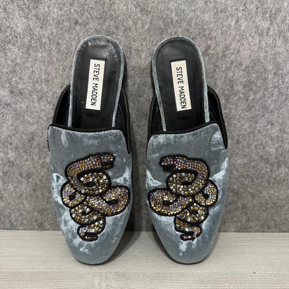 Steve Madden Hydes Mules Womens 7 Blue Velvet Rhinestone Snake Loafers‎ HYDE03S1